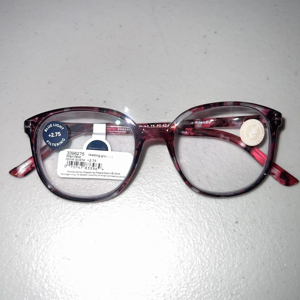 Peepers Reading Glasses 3396275 +2.75 Pink Tortoise Round Womens Blue Light